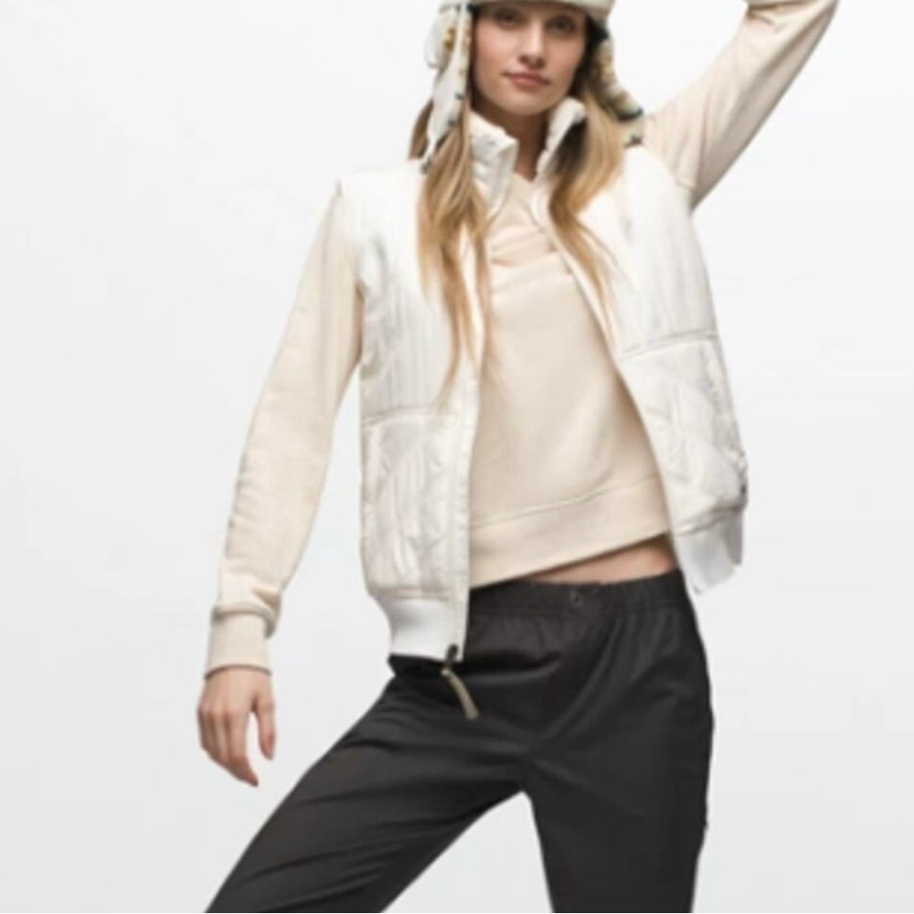 Prana Esla Fleece Sherpa Lined Full Zip Bone Cream Quilted Puffer Vest Sz Large